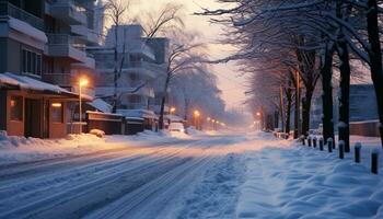 AI generated Snowy winter night, nature frozen architecture illuminated generated by AI photo