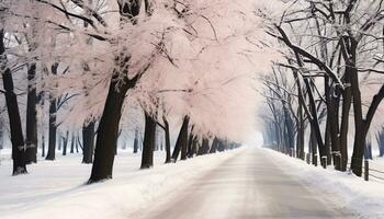 AI generated Snow covered tree in winter forest, tranquil beauty generated by AI photo