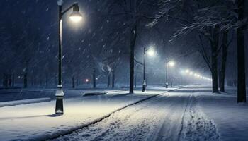 ai generado invierno noche, nieve cubierto árbol iluminado por linterna generado por ai foto