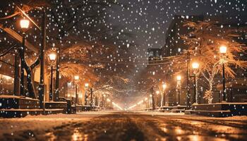 AI generated Snowing at dusk, city illuminated with bright lights generated by AI photo