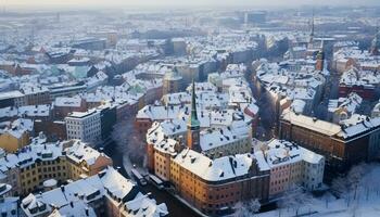 ai generado nieve cubierto paisaje urbano con gótico estilo edificios a oscuridad generado por ai foto