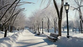 AI generated Snow covered tree in winter, tranquil bench outdoors generated by AI photo