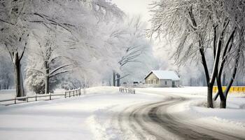 ai generado nieve cubierto árbol en un tranquilo invierno paisaje generado por ai foto