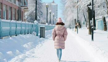 AI generated Smiling child walking in winter snow outdoors generated by AI photo