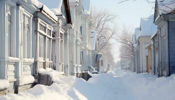 ai generado nieve cubierto ciudad calles crear un invierno mundo maravilloso generado por ai foto