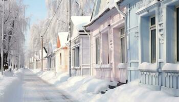 ai generado nieve cubierto ciudad calles crear un tranquilo invierno paisaje generado por ai foto