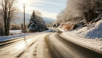 AI generated Winter landscape, snowy mountain, icy road, vanishing point generated by AI photo