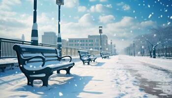 AI generated Snow covered bench in tranquil winter landscape generated by AI photo