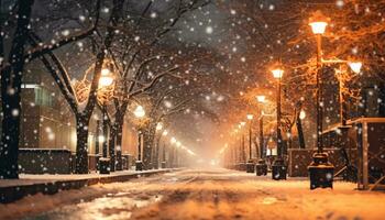 AI generated Snowy winter night, nature celebration in the city generated by AI photo