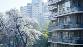 AI generated Tree branch with cherry blossoms against blue sky generated by AI photo