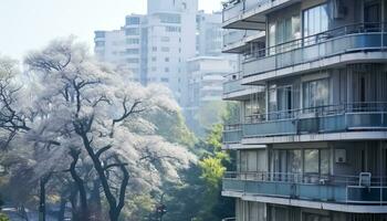 ai generado árbol rama con Cereza flores en contra azul cielo generado por ai foto