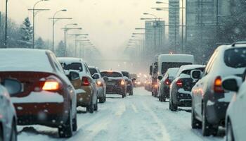 AI generated Driving in winter, slippery roads, city traffic generated by AI photo