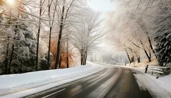 AI generated Winter landscape, snowy forest, icy road, vanishing point generated by AI photo