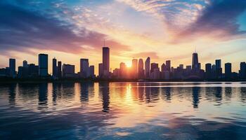 AI generated Cityscape at dusk, skyscrapers reflecting in urban skyline generated by AI photo