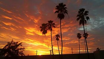 AI generated Silhouette of palm tree against vibrant sunset sky generated by AI photo