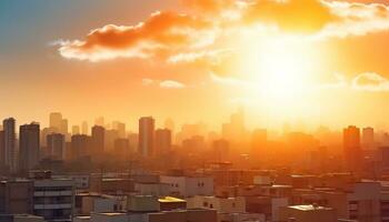 ai generado silueta de rascacielos en contra naranja puesta de sol cielo generado por ai foto