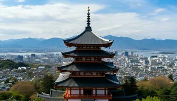 AI generated Ancient pagoda stands tall, overlooking modern cityscape generated by AI photo