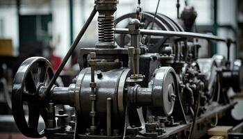 ai generado metálico maquinaria en un acero fábrica taller generado por ai foto
