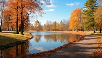 AI generated Tranquil autumn forest, vibrant leaves reflect on pond generated by AI photo