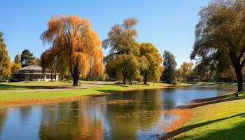 AI generated Tranquil scene of a green meadow and pond generated by AI photo