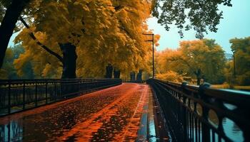 ai generado otoño árbol en naturaleza, bosque oscuridad amarillo puesta de sol noche generado por ai foto