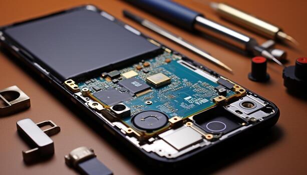 AI generated Close up of computer chip, part of motherboard generated by AI photo