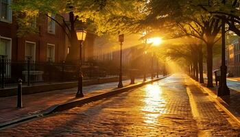 AI generated City street at dusk, illuminated by street lights generated by AI photo