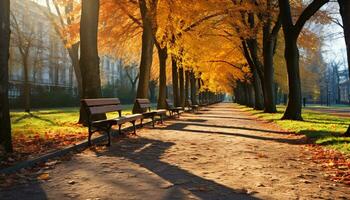 AI generated Autumn tree, leaf, bench nature tranquil beauty generated by AI photo