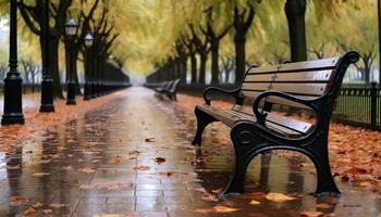 AI generated Autumn bench under yellow tree in tranquil forest generated by AI photo