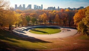 AI generated Autumn landscape, yellow leaves, green grass, vibrant colors generated by AI photo