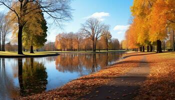 AI generated Autumn tree reflects vibrant colors in tranquil pond generated by AI photo