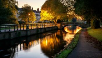 AI generated Dusk illuminates famous bridge, reflecting on tranquil water generated by AI photo