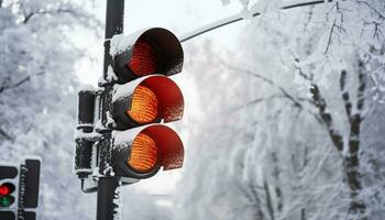 ai generado invierno tráfico, nieve cubierto camino, luz de freno, peligro firmar generado por ai foto