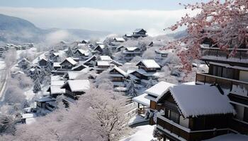 AI generated Winter landscape, snow covered mountains, ancient architecture, tranquil beauty generated by AI photo