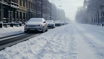 AI generated Snow covered city street, cars driving in winter generated by AI photo