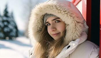 ai generado sonriente mujer en invierno Saco disfrutando el nieve generado por ai foto