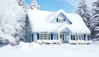 AI generated Winter landscape with snow covered trees and frost generated by AI photo