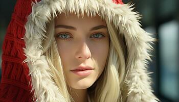 AI generated Smiling young woman in winter fashion outdoors generated by AI photo