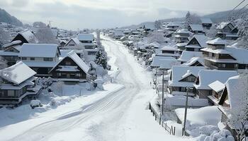 AI generated Snow covered mountain landscape in winter, peaceful and serene generated by AI photo