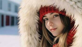 AI generated Young woman in winter fashion smiling outdoors generated by AI photo