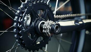 AI generated Metallic bicycle gear turning in close up motion generated by AI photo