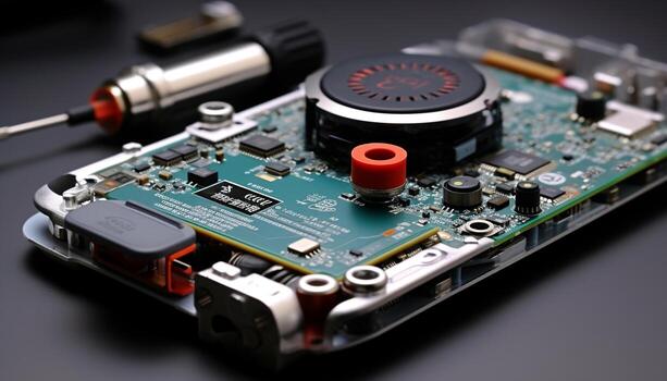 AI generated Computer chip on circuit board, part of technology generated by AI photo