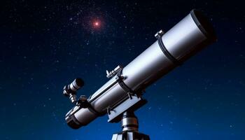 ai generado acecho el noche cielo con un mano retenida telescopio generado por ai foto