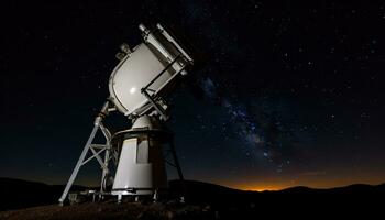 ai generado acecho el noche cielo con un mano retenida telescopio generado por ai foto