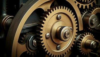 AI generated Metallic machinery turning in close up, interlocked gears generated by AI photo
