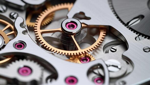 AI generated Clockworks turning in close up, teamwork balancing precision generated by AI photo