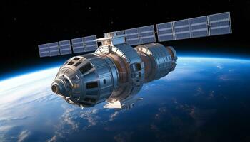 AI generated Spaceship orbiting planet in futuristic galaxy exploration generated by AI photo
