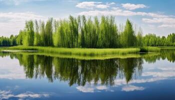 ai generado tranquilo escena de un verano bosque reflexión generado por ai foto