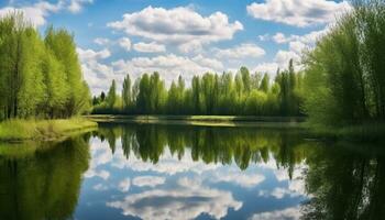 ai generado tranquilo escena de verde bosque refleja en estanque generado por ai foto