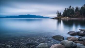 AI generated Tranquil scene of mountain reflection in calm water generated by AI photo